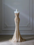 Pretty Mermaid Strapless Gold Sequin Beads Long Prom Dresses Formal Evening Dress, HZ0307