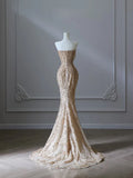 Pretty Mermaid Strapless Gold Sequin Beads Long Prom Dresses Formal Evening Dress, HZ0307