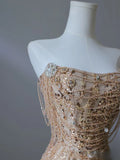 Pretty Mermaid Strapless Gold Sequin Beads Long Prom Dresses Formal Evening Dress, HZ0307