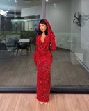 Pretty Sheath V Neckline Red Sequin Long Prom Dresses Formal Evening Dress , HZ0307
