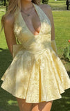 Princess Pastel Yellow Homecoming Dresses Halter Print Floral A-line Party HZ0307