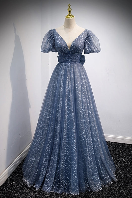 Princess Blue A-line Polk Dots Bow Long Prom HZ0307