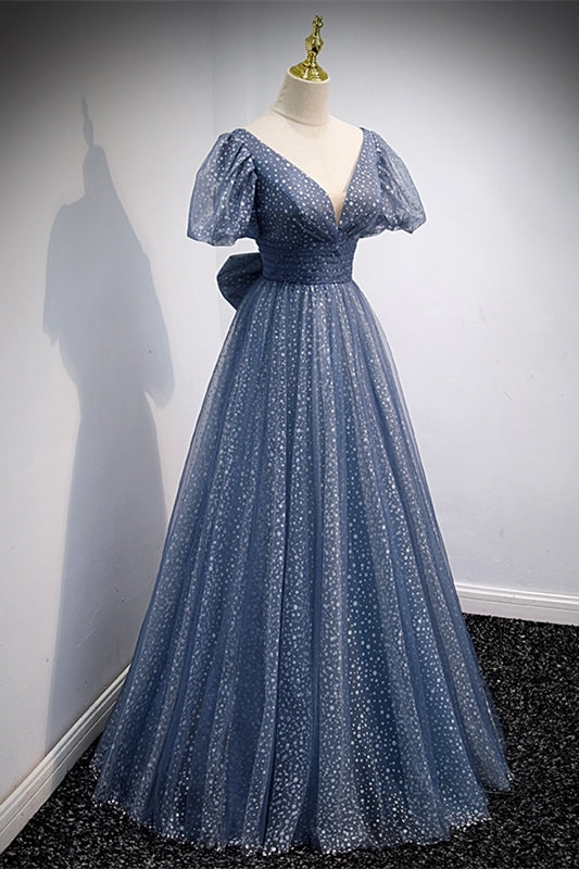 Princess Blue A-line Polk Dots Bow Long Prom HZ0307