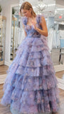 Purple Floral Ruffle Prom Dress, Floor Length Evening Party Dresses, HZ0307