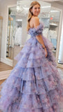 Purple Floral Ruffle Prom Dress, Floor Length Evening Party Dresses, HZ0307