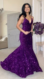 100% Custom Made Purple Sequin Mermaid Long Prom Dresses V-neck Evening Party HZ0307