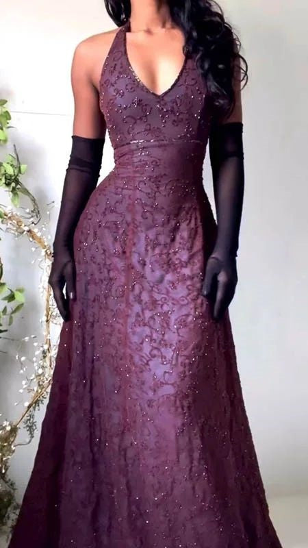 Purple Lace Halter Prom Dress Long V-Neck Evening Gown Formal Party HZ0307