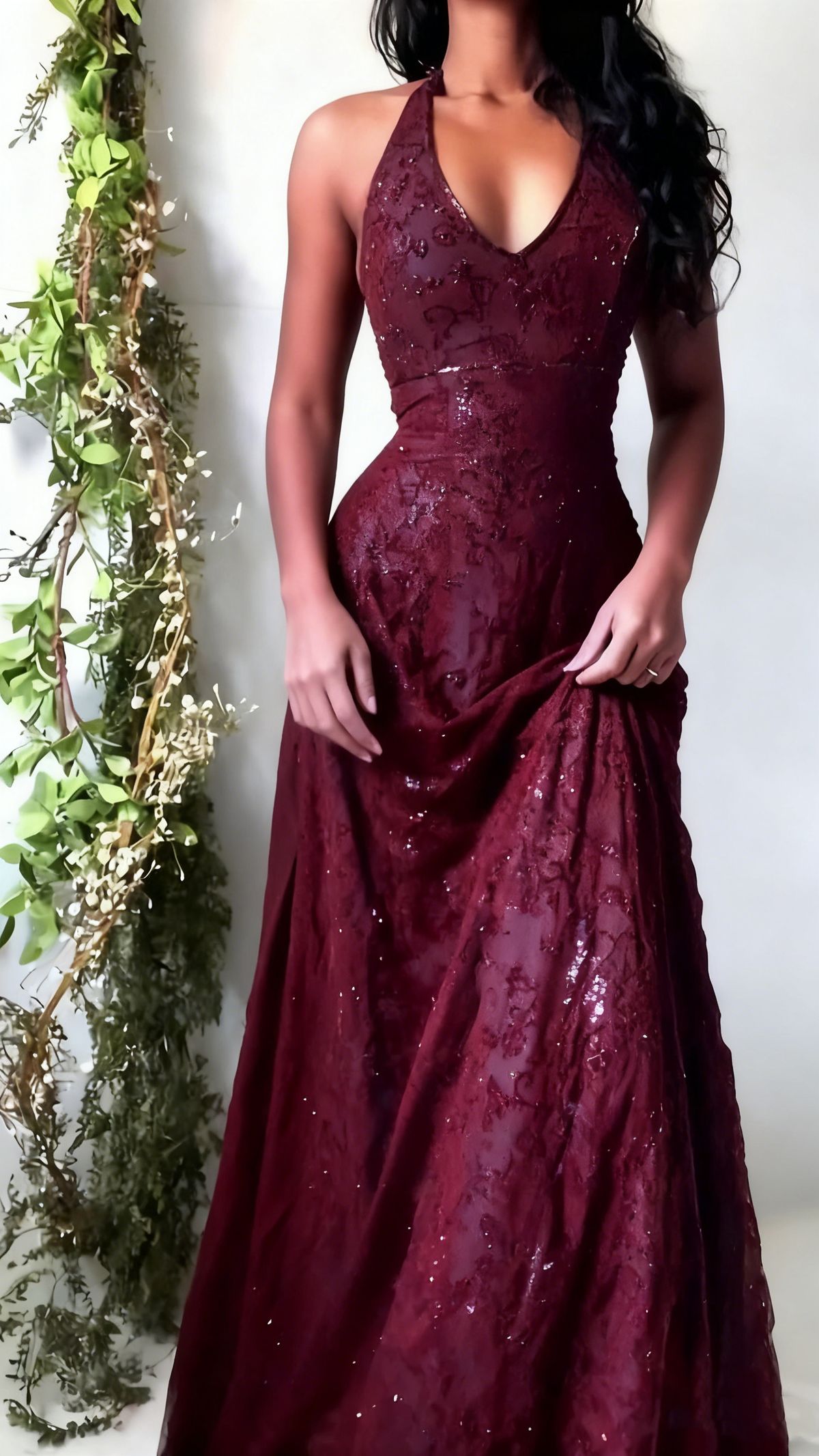 Purple Lace Halter Prom Dress Long V-Neck Evening Gown Formal Party HZ0307