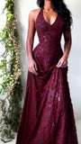 Purple Lace Halter Prom Dress Long V-Neck Evening Gown Formal Party HZ0307