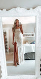 LTP1348,Simple white prom dress, modest slit evening dresses, lace wedding HZ0307