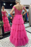 LTP1346,Shiny Tulle Off Shoulder Layered Hot Pink/Navy Blue Long Prom Dresses, Hot Pink/Navy Blue Tulle Formal Evening HZ0307