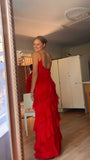 Red Chiffon Ruffle Evening Prom Dresses With Open HZ0307
