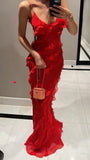 Red Chiffon Ruffle Evening Prom Dresses With Open HZ0307
