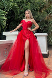 Red Prom Dresses, Tulle Sequin Evening Dress, HZ0307