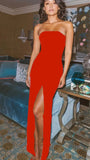 Red Strapless Sheath Long Prom Dress With Side Slit, HZ0307