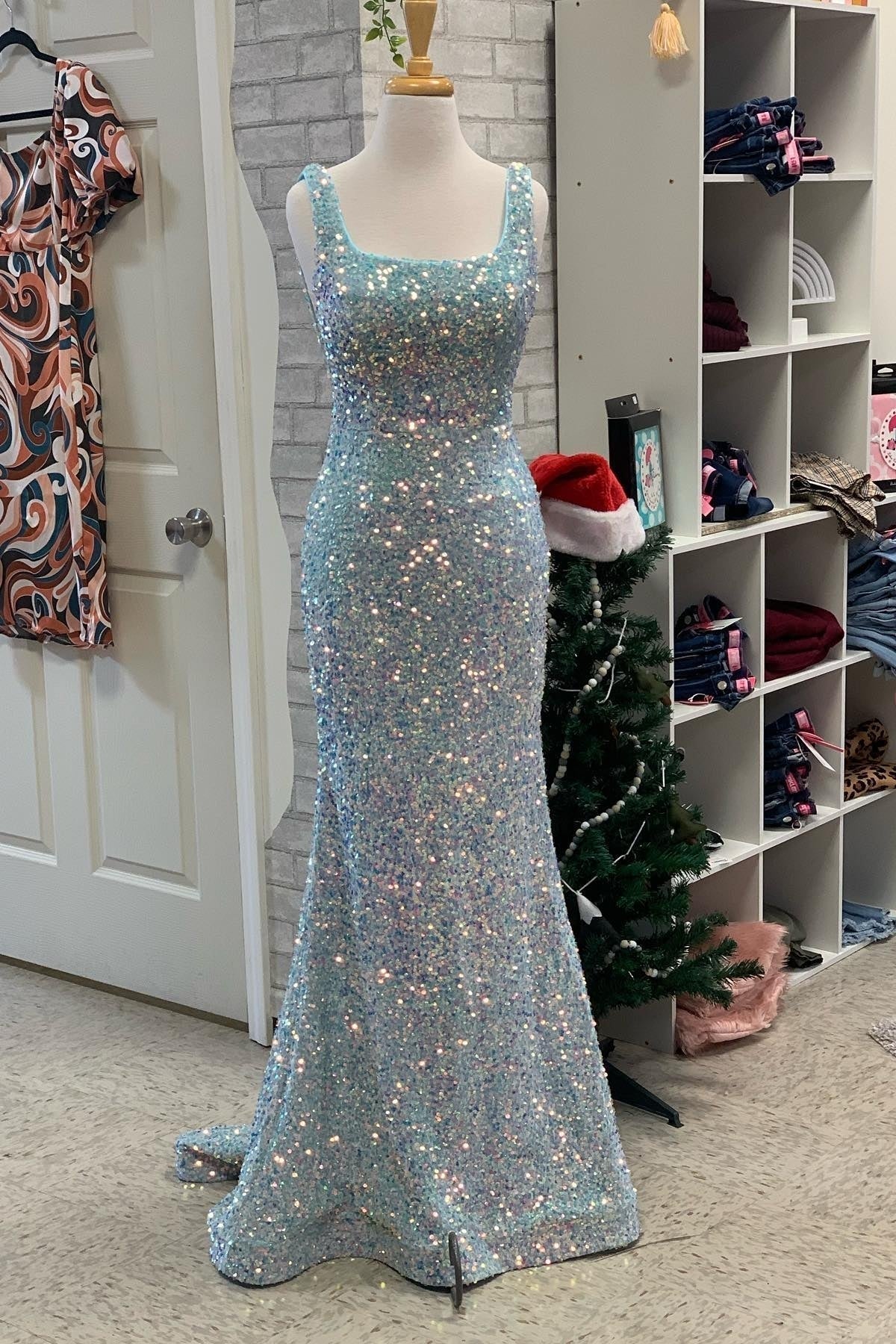 Red Sequin Square Neck Mermaid Long Formal HZ0307