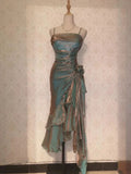 Retro Mermaid Spaghetti Straps Satin Long Party Dress Prom Dresses, HZ0307