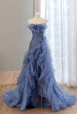 Ruffle Party Dress, Slit Evening Prom Dress, Blue Sleeveless Celebrity HZ0307