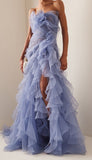 Ruffle Party Dress, Slit Evening Prom Dress, Blue Sleeveless Celebrity HZ0307