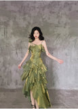 Pretty Irregular Ruffled Spaghetti Straps Green Prom Dresses With Detachable Rose Long Birthday Dress For Women, HZ0307