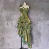 Pretty Irregular Ruffled Spaghetti Straps Green Prom Dresses With Detachable Rose Long Birthday Dress For Women, HZ0307