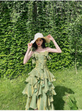 Pretty Irregular Ruffled Spaghetti Straps Green Prom Dresses With Detachable Rose Long Birthday Dress For Women, HZ0307