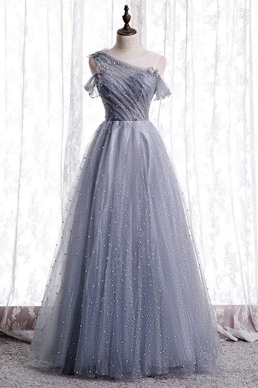 A-line Grey Tulle Long Prom Dress with HZ0307