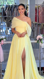Senior Prom Dresses, Light Yellow Chiffon Party Dress,A-Line Slit Evening HZ0307