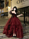 Sexy Ball Gown Strapless Burgundy Tulle Birthday Dresses Night Party Dress, HZ0307