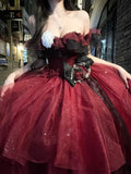 Sexy Ball Gown Strapless Burgundy Tulle Birthday Dresses Night Party Dress, HZ0307