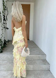 Sexy Mermaid Spaghetti Straps Floor Length Floral Yellow Chiffon Evening Dress Prom Dresses, HZ0307