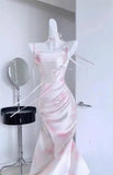 Sexy Mermaid Spaghetti Straps Pink Satin Prom Dresses Night Dress Birthday Outfits , HZ0307
