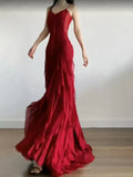 Sexy Mermaid Spaghetti Straps Red Chiffon Ruffles Birthday Dresses Long Prom Dress, HZ0307