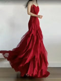 Sexy Mermaid Spaghetti Straps Red Chiffon Ruffles Birthday Dresses Long Prom Dress, HZ0307