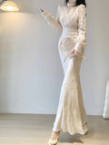 Sexy Mermaid V Neckline Long Sleeves White Prom Dresses Night Dress Birthday Outfits , HZ0307