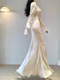 Sexy Mermaid V Neckline Long Sleeves White Prom Dresses Night Dress Birthday Outfits , HZ0307