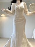 Sexy Mermaid V Neckline Long Sleeves White Prom Dresses Night Dress Birthday Outfits , HZ0307