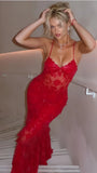 Sexy Red Lace Mermaid Long Prom Dresses Spaghetti Straps Evening Formal HZ0307