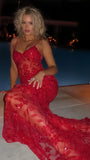Sexy Red Lace Mermaid Long Prom Dresses Spaghetti Straps Evening Formal HZ0307
