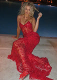Sexy Red Lace Mermaid Long Prom Dresses Spaghetti Straps Evening Formal HZ0307