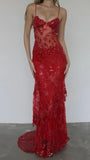Sexy Red Lace Mermaid Long Prom Dresses Spaghetti Straps Evening Formal HZ0307