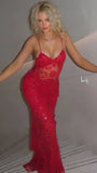 Sexy Red Lace Mermaid Long Prom Dresses Spaghetti Straps Evening Formal HZ0307