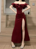 Sexy Sheath Off The Shoulder Burgundy Slit Holiday Prom Dresses Night Dress Birthday Outfits , HZ0307