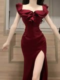 Sexy Sheath Off The Shoulder Burgundy Slit Holiday Prom Dresses Night Dress Birthday Outfits , HZ0307