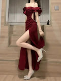 Sexy Sheath Off The Shoulder Burgundy Slit Holiday Prom Dresses Night Dress Birthday Outfits , HZ0307