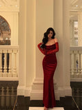 Sexy Sheath Spaghetti Straps Lace Red Velvet Long Prom Dresses Birthday Outfits With Gloves , HZ0307