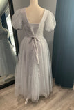 Short Puffy Sleeves Grey Sparkle Tea Length HZ0307