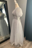 Short Puffy Sleeves Grey Sparkle Tea Length HZ0307