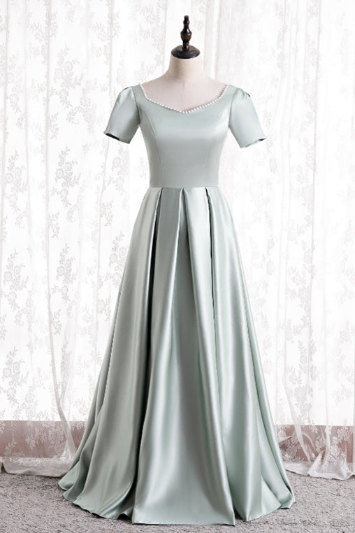 Short Sleeves Mint Green Satin Long Party HZ0307
