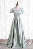 Short Sleeves Mint Green Satin Long Party HZ0307